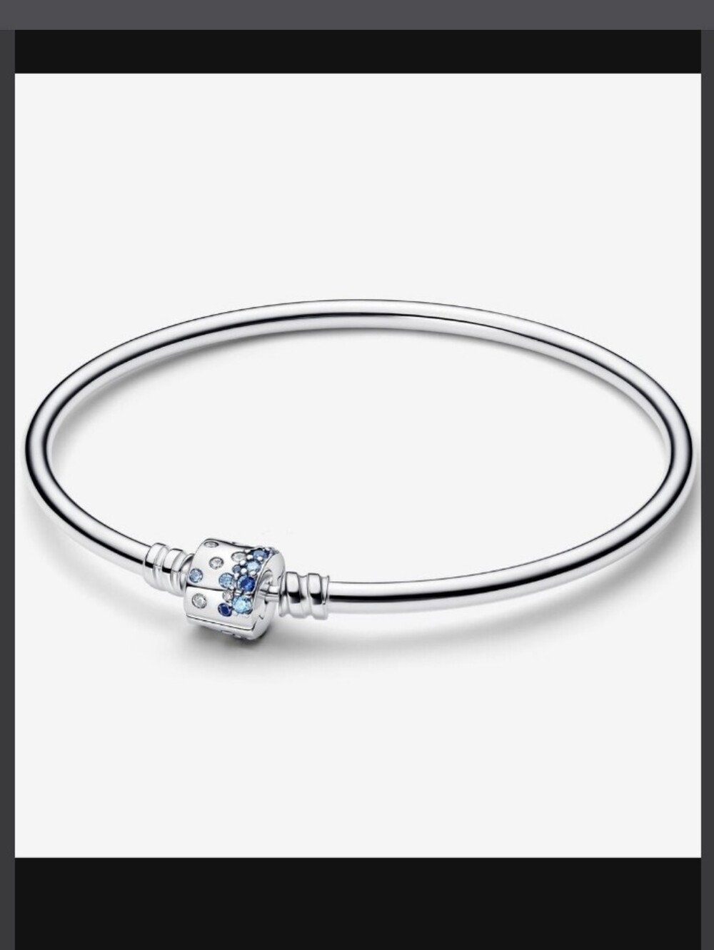 Pandora Silver Bangle with Blue Crystal Barrel Clasp In Box